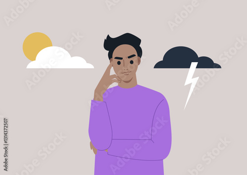 A person with dark hair stands thoughtfully against a backdrop of a sun, clouds, and lightning, symbolizing the fluctuations of bipolar disorder and emotional experiences