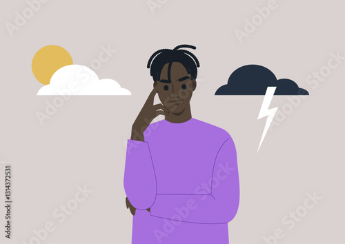 A person with dark hair stands thoughtfully against a backdrop of a sun, clouds, and lightning, symbolizing the fluctuations of bipolar disorder and emotional experiences