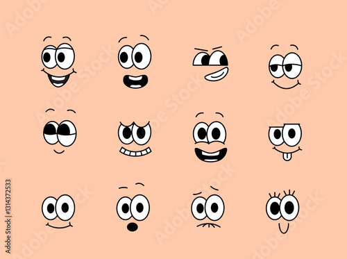 70s groovy comic set. Vintage retro stickers with cartoon faces expressing different emotions. Design Elements for Character Constructor. Outline doodle illustration collection isolated on background