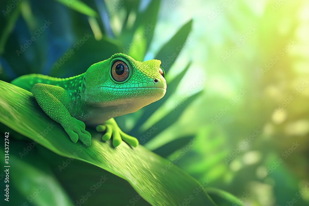 A bright green gecko on a background of tropical leaves.