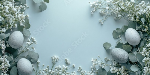 A photograph of a beautiful Easter decoration with pastel-colored eggs nestled in green foliage, all set against a serene, textured light blue background that gives an impression of springtime.
