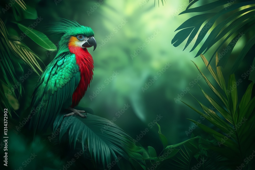 An exotic quetzal bird with iridescent green and red feathers, sitting in a misty tropical forest with copy space.
