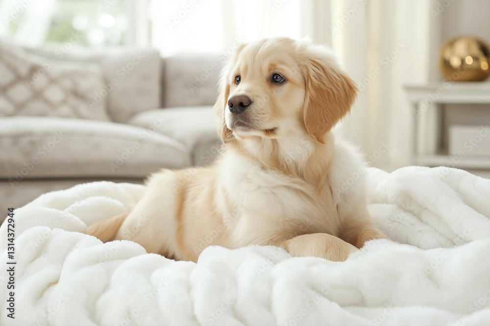 A charming golden retriever sitting on a cozy white litter.