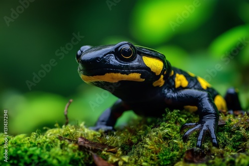 A yellow-black fire salamander on a moss-covered forest floor.