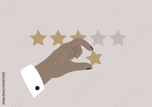 A graceful hand holds a golden star amidst several muted stars, symbolizing the act of rating in a stylish and contemporary setting filled with potential reflections on quality