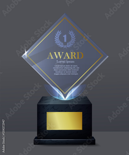 Glass award trophy. Transparent crystal statuette for awarding winners in competitions. Geometric Prize template with golden lettering. Achievement and success. Realistic 3D vector illustration