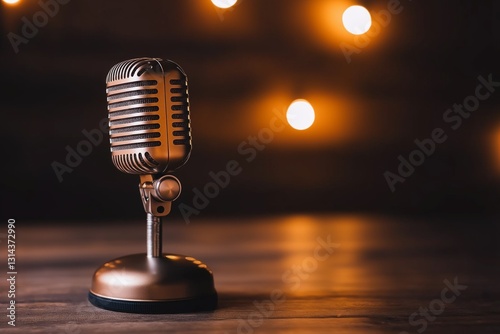 Vintage ribbon microphone with retro metal finish, standing on a wooden table on a brown background with copy space.
