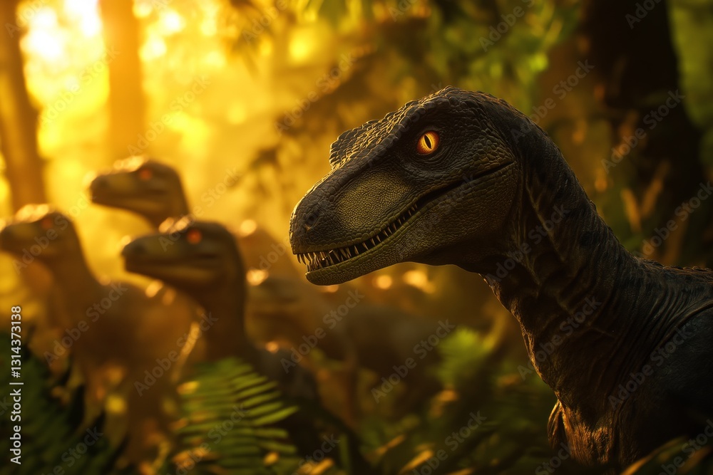 A flock of velociraptors against the background of a dense green forest.