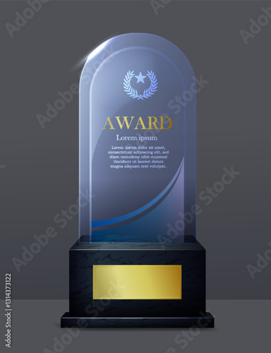 Glass award trophy. Transparent prize template or geometric crystal statuette for award ceremony of winners in competition. Achievement and success. Realistic 3D vector illustration