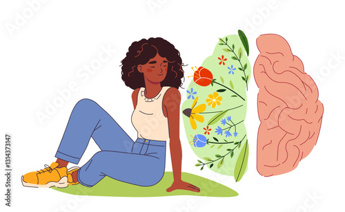 Mental health. Happy woman with blooming flowers in her head as symbol of healthy mindset and wellbeing. Self acceptance and self love. Solving psychological problems. Flat doodle vector illustration
