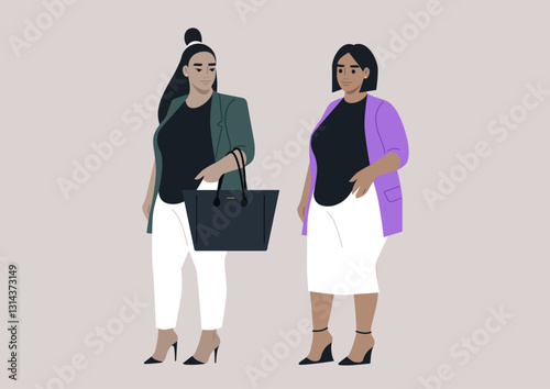 Plus size women confidently model similar outfits that celebrate their bodies, mixing vibrant colors and flattering silhouettes to inspire diverse fashion choices for all