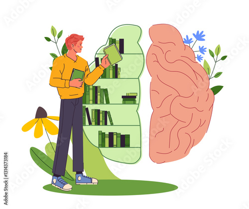 Mental health. Happy man with healthy mindset puts books in his head. Self education, psychotherapy and positive thinking. Wellbeing and mindfulness. Flat doodle vector illustration