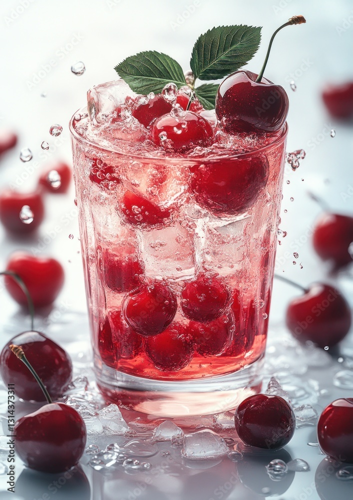 Cherry juice with flying cherries and green leaves splashing in mid-air on white background Cherry juice with flying cherries and green leaves splashing in mid-air on white background