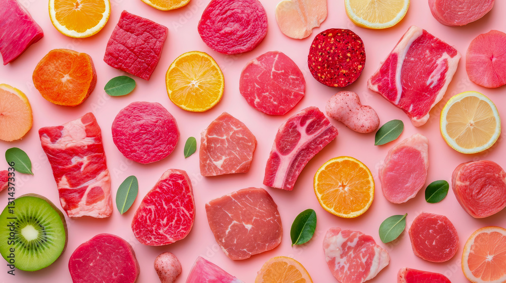 Fresh Meat and Citrus Fusion: An Abstract Food Art Composition on Pink, Celebrating Culinary Whimsy Fresh Meat and Citrus Fusion: An Abstract Food Art Composition on Pink, Celebrating Culinary Whimsy