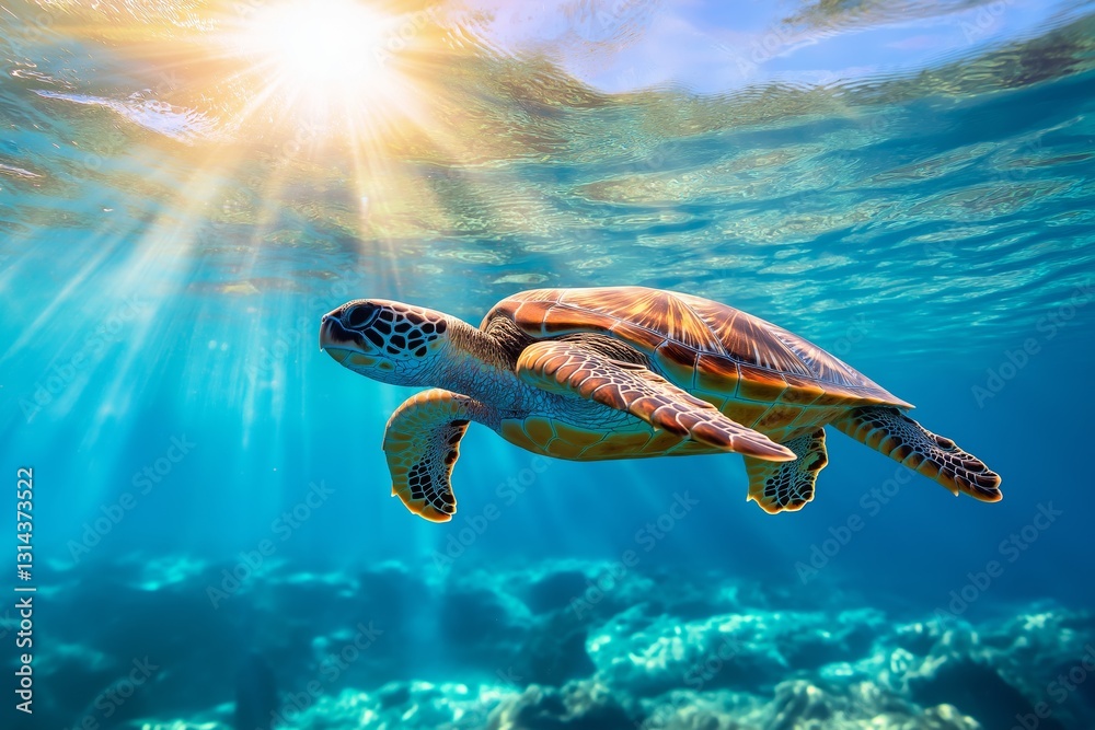 A sea turtle swimming near the ocean surface.