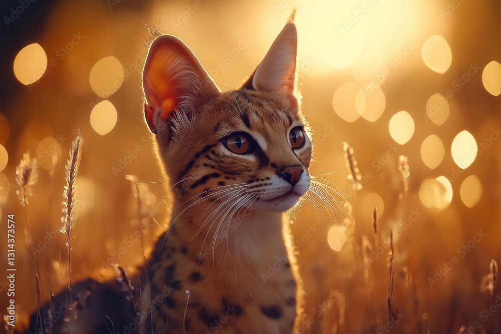 A serval cat on a blurred background of tall grass. Wildlife photography.