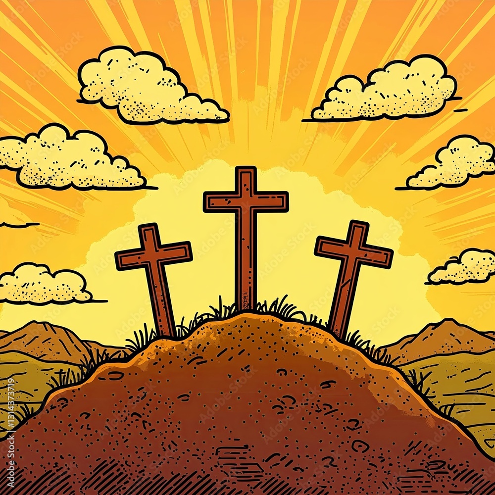 Εκτύπωση καμβά Three crosses standing atop a hill, silhouetted against a dramatic sky, symbolizing the crucifixion and Christian faith
