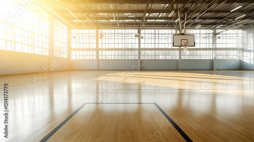 Sunlit Empty Indoor Basketball Court With Polished Wooden Floor And Large Windows In Modern Sports Hall