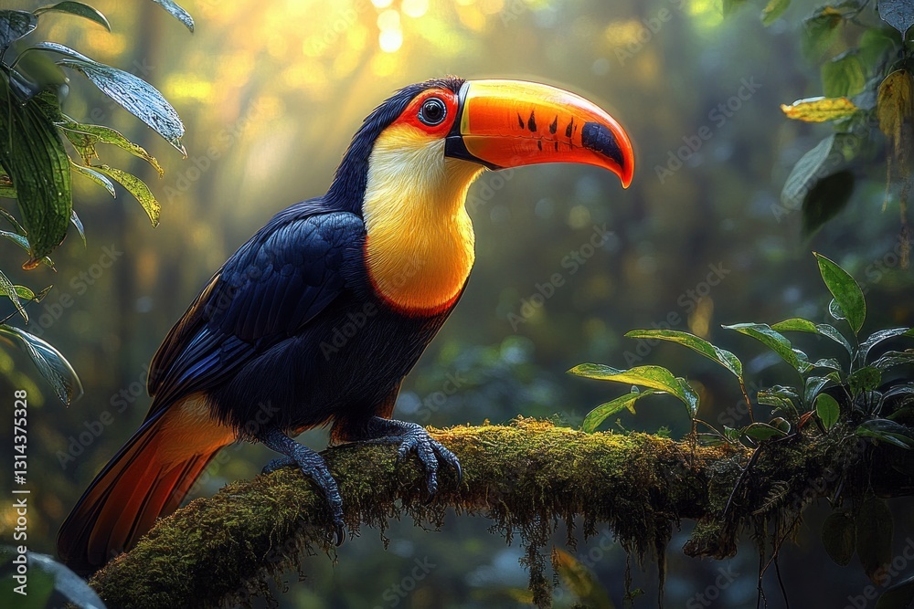 Fototapeta premium Tropical Rainforest Toucan Perched on Mossy Branch in Golden Sunlight