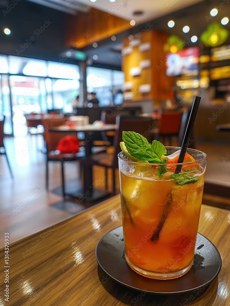 Refreshing Iced Lemon Tea with Mint and Straw in a Cozy Café Setting Refreshing Iced Lemon Tea with Mint and Straw in a Cozy Café Setting