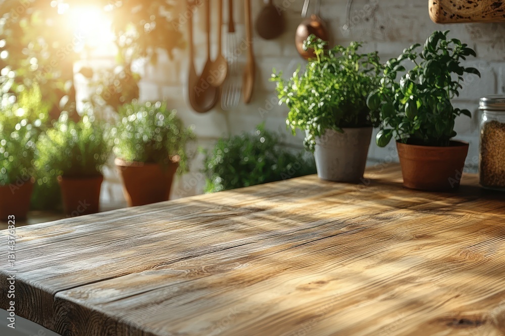 Fototapeta premium Modern Scandinavian Minimalist Kitchen Interior with Wooden Countertop and Natural Light
