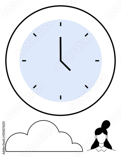 Large round clock displaying time above a cloud and a woman silhouette. Ideal for productivity, time tracking, decision making, work efficiency, planning, scheduling, simplicity. Flat simple metaphor