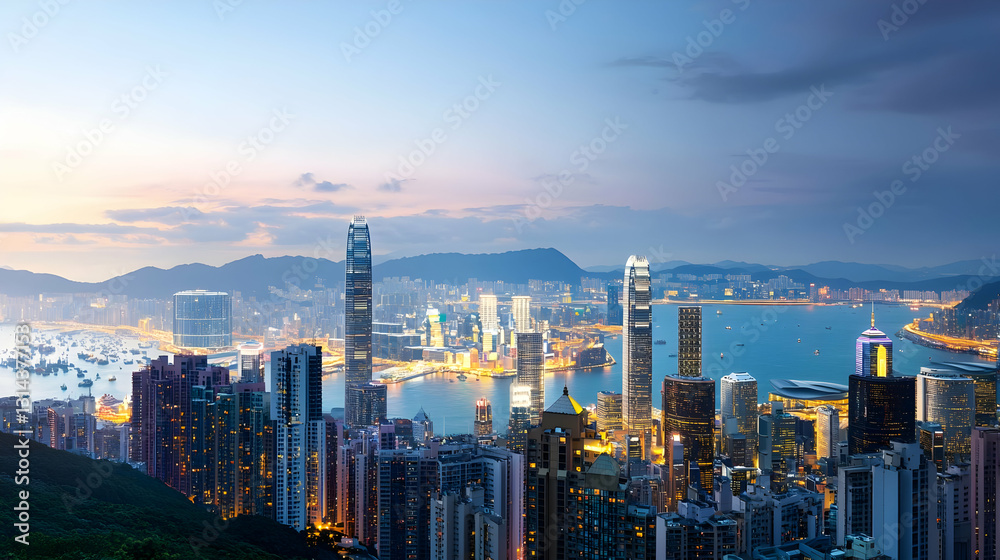 Fototapeta premium Panoramic Twilight View Of Hong Kong Cityscape With Illuminated Skyscrapers And Victoria Harbour From Victoria Peak