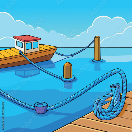 A vibrant-blue-rope-rests-on-the-dock.