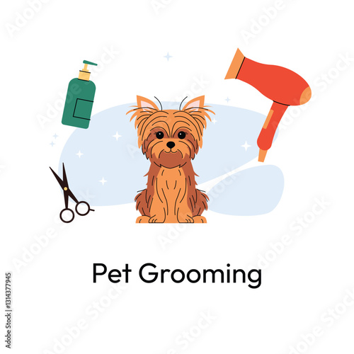 Cute Yorkshire Terrier sitting with grooming tools, including scissors, a hairdryer, and shampoo. The background has sparkles, emphasizing cleanliness and pet care. Vector illustration