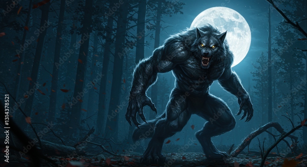 A menacing werewolf prowls through a dark forest under a full moon, creating an eerie atmosphere