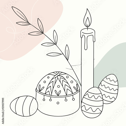 Minimalist artistic illustration captures easter vibe featuring decorated eggs candle branch combines eco style and holiday tradition easter inspiration promoting natural cozy easter decor.