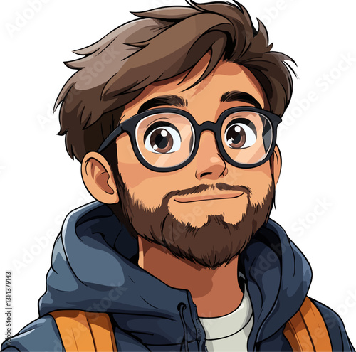 Stylized digital illustration of a cheerful young man with glasses, a beard, and tousled brown hair, wearing a hoodie and backpack. A friendly and modern character portrait