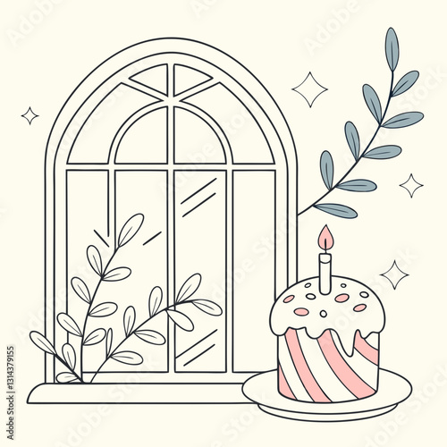 Minimalist style illustration window easter cake candle branch symbolizing christianity theme stylish line art depicting easter holiday celebrations christianity traditions christianity spirit.
