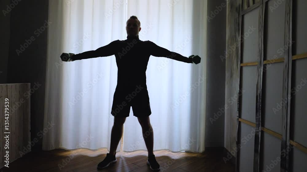 Silhouette of an athlete with dumbbells, workout to pump up his biceps with dumbbells. Slow motion Silhouette of an athlete with dumbbells, workout to pump up his biceps with dumbbells. Slow motion