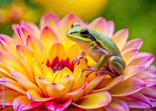 Tiny Frog on Dahlia Blossom - Closeup Nature Photo photo