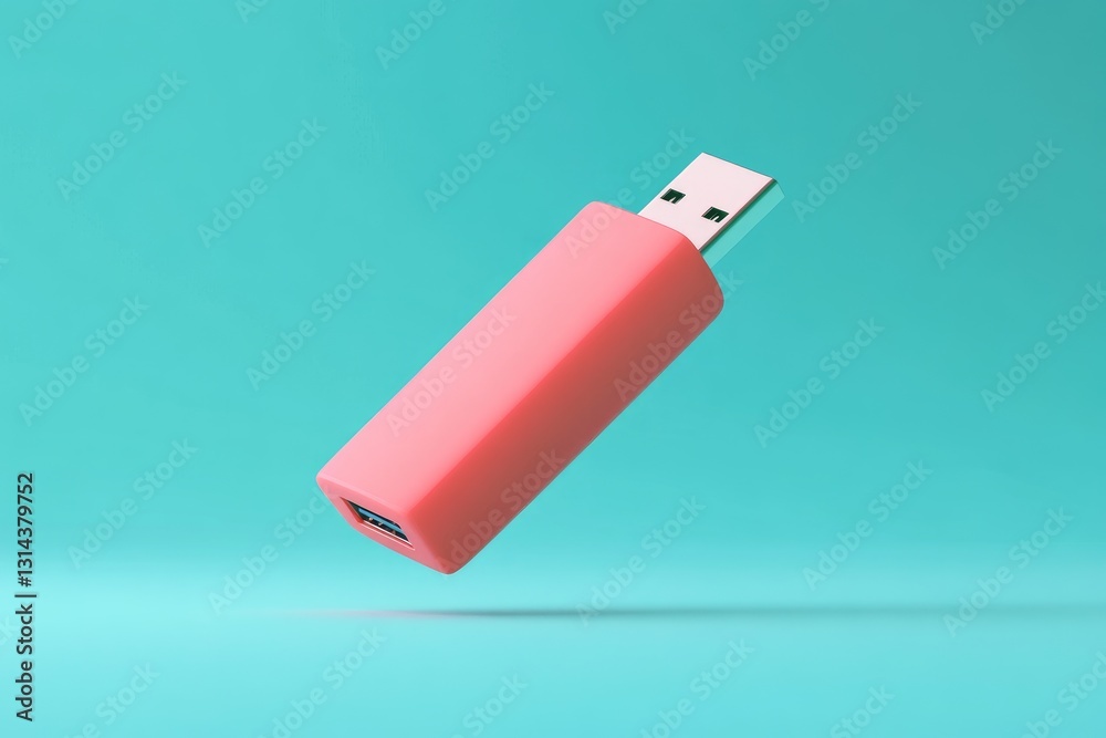A pink flash drive hovers against a teal background in the air A pink flash drive hovers against a teal background in the air