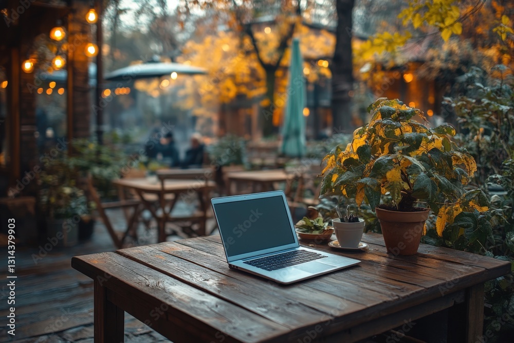 Fototapeta premium A laptop rests on a wooden table surrounded by plants in a peaceful outdoor cafe during autumn. Generative AI