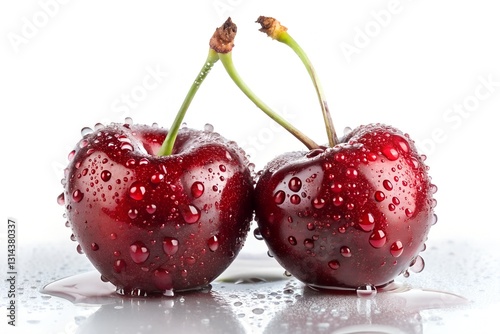 Glossy Red Cherries with Water Droplets and Splashes