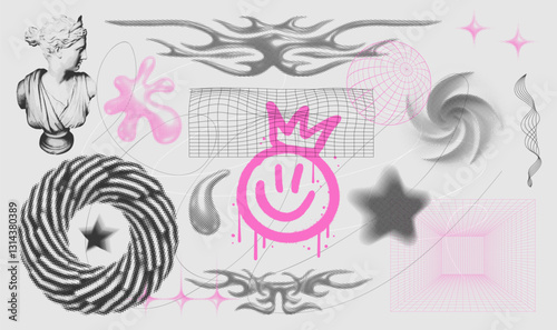 Grungy urban and street culture graphic elements - graffiti, neo tribal, tattoos, ancient statue, grids, other symbols. Street stencil of 90s hip hop culture. Gang tags, urban art, Vector graphic box