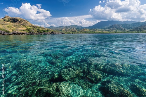 Panoramic view of the beautiful island of Komodo in Indonesia, with clear blue water and green mountains.