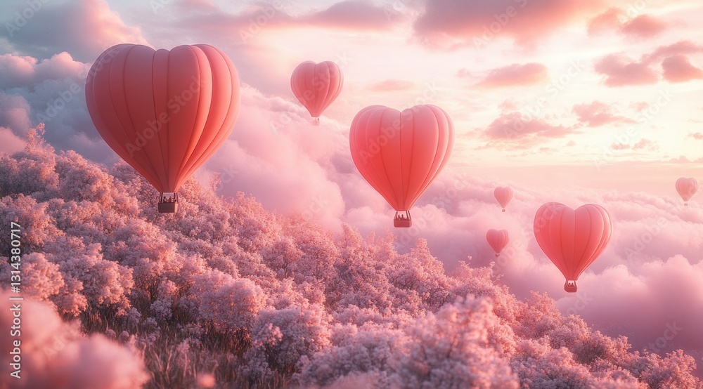 Fototapeta premium Heart Shaped Hot Air Balloons in Pastel Pink Sky Minimalist 3D Artwork for Valentine's Day Event
