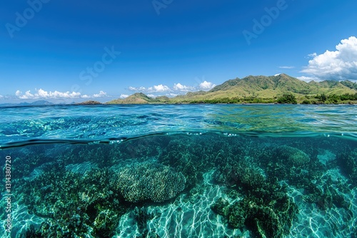 Panoramic view of the beautiful island of Komodo in Indonesia, with clear blue water and green mountains.