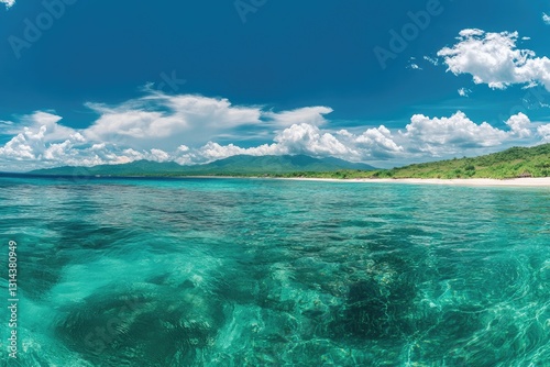 Panoramic view of the beautiful island of Komodo in Indonesia, with clear blue water and green mountains.