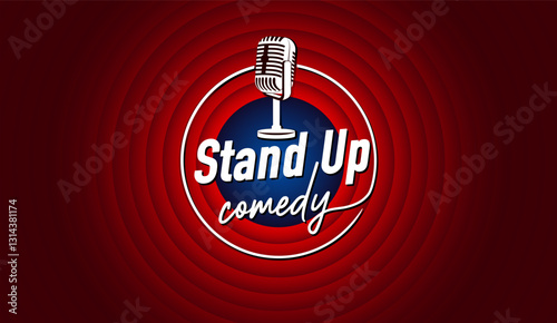 Vintage microphone against red curtain backdrop. Stand up comedy