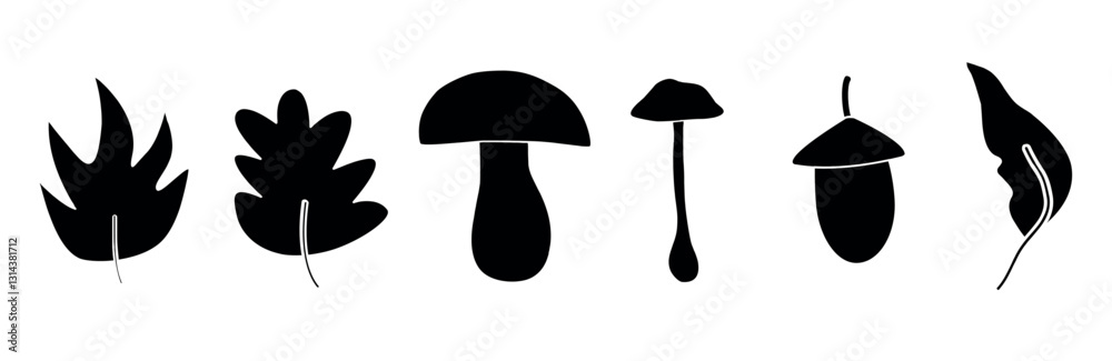 Obraz premium Black botanical silhouettes of leaves, mushrooms, and an acorn. Nature elements for minimalist design, stickers, patterns, or logos. Rustic and organic style.Forest ecosystems.Eco-themed graphics
