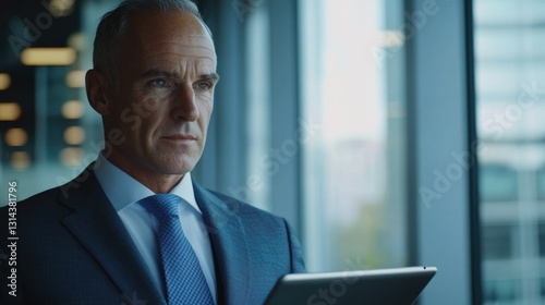 A corporate professional engrossed in work on a tablet, with a cityscape background.