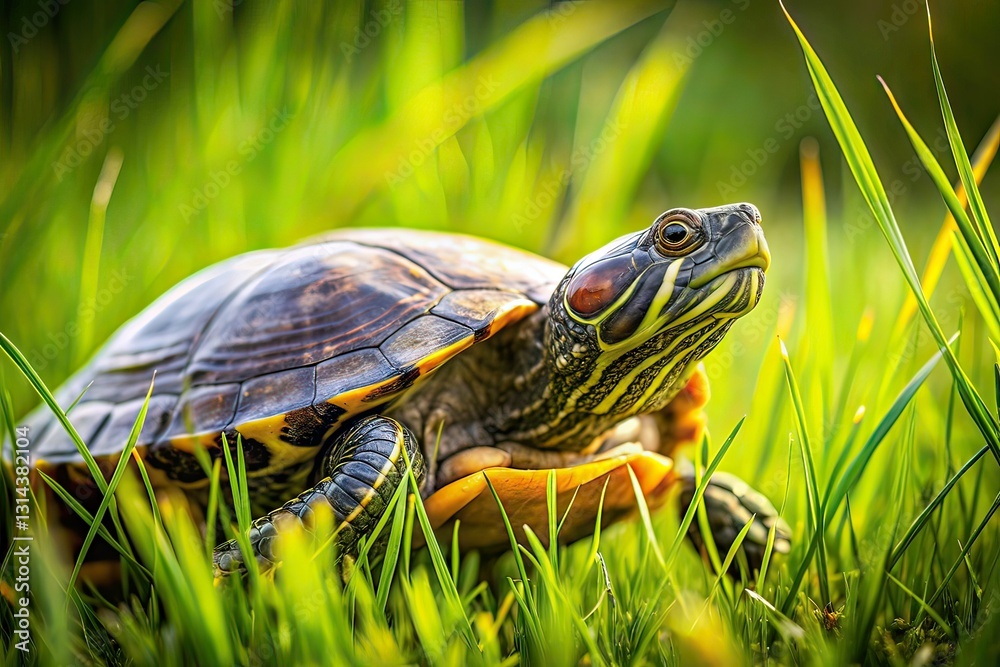 Fototapeta premium Turtle Walking in Grass - Side View Portrait Photography