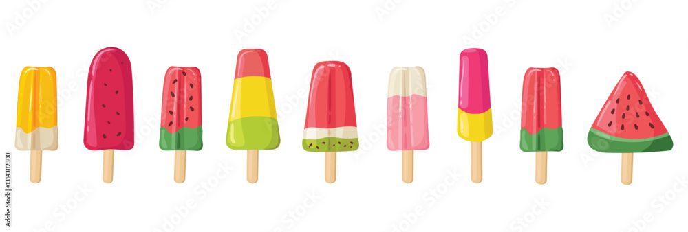 Set of cute summer fruit ice cream of different colors and flavors. Strawberry, lemon, berry, watermelon and apple. Vector images of frozen juice on transparent. Collection of scrapbook stickers. Set of cute summer fruit ice cream of different colors and flavors. Strawberry, lemon, berry, watermelon and apple. Vector images of frozen juice on transparent. Collection of scrapbook stickers.
