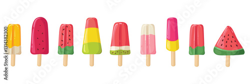 Set of cute summer fruit ice cream of different colors and flavors. Strawberry, lemon, berry, watermelon and apple. Vector images of frozen juice on transparent. Collection of scrapbook stickers.