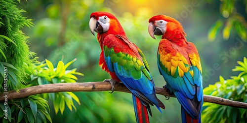 Two Parrots on Branch - AI Photo, Copy Space, Birds